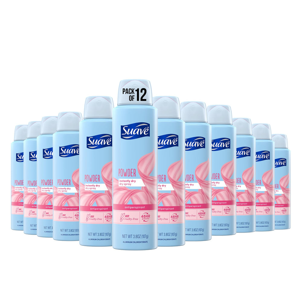 Suave dry spray underarm bottle delivers instant dry feel and 48-hour protection.