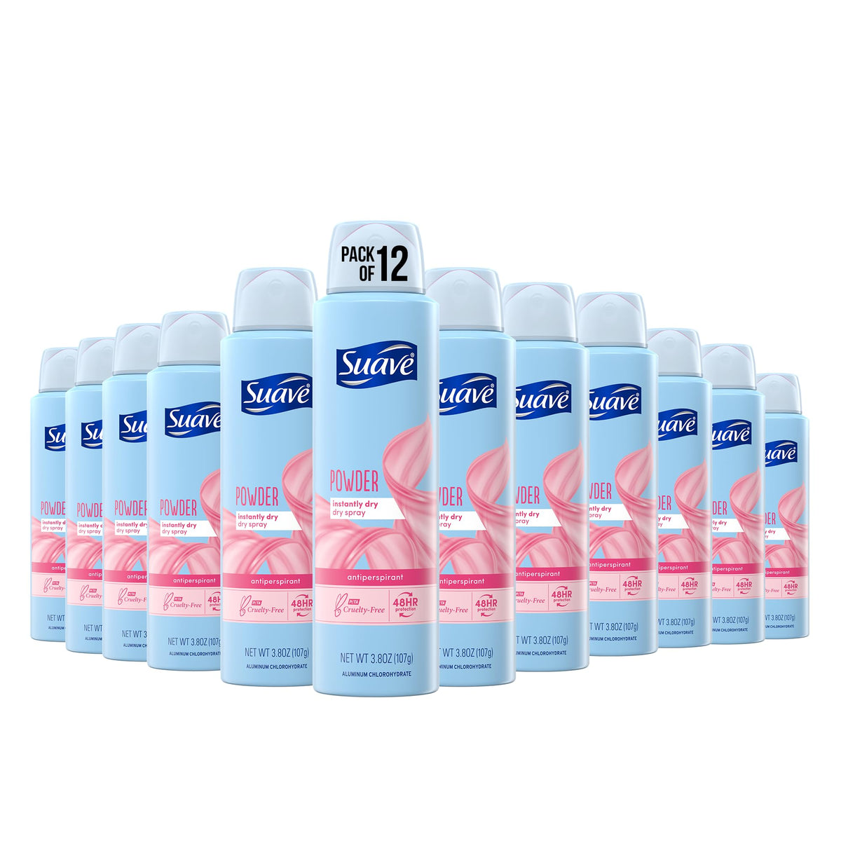 Suave dry spray underarm bottle delivers instant dry feel and 48-hour protection.