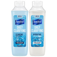 Suave Essentials Clarifying Shampoo bottle shows a fresh cleanse for buildup removal.