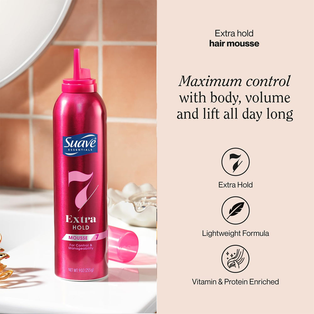 Suave Extra Hold Mousse foam texture applied on hair for natural-looking hold.
