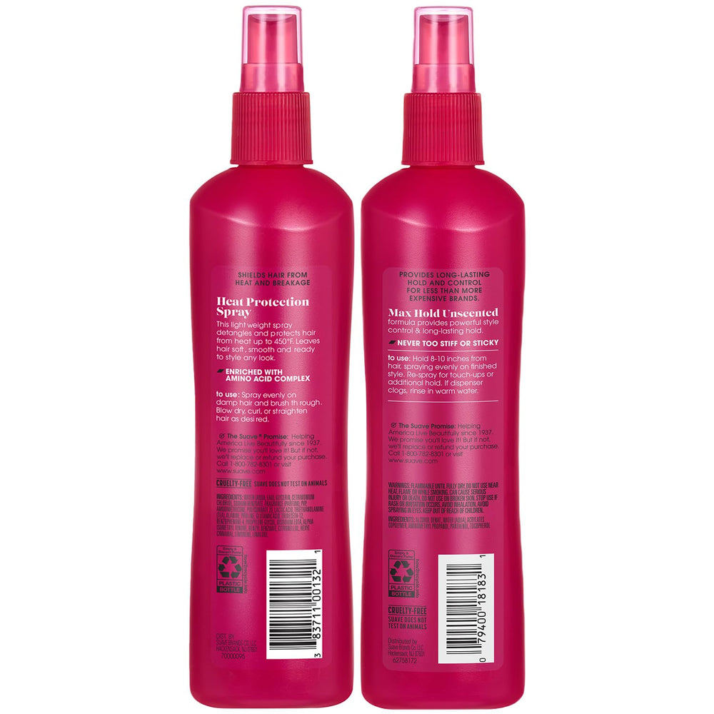 Finished hairstyle held in place by Suave spray duo.