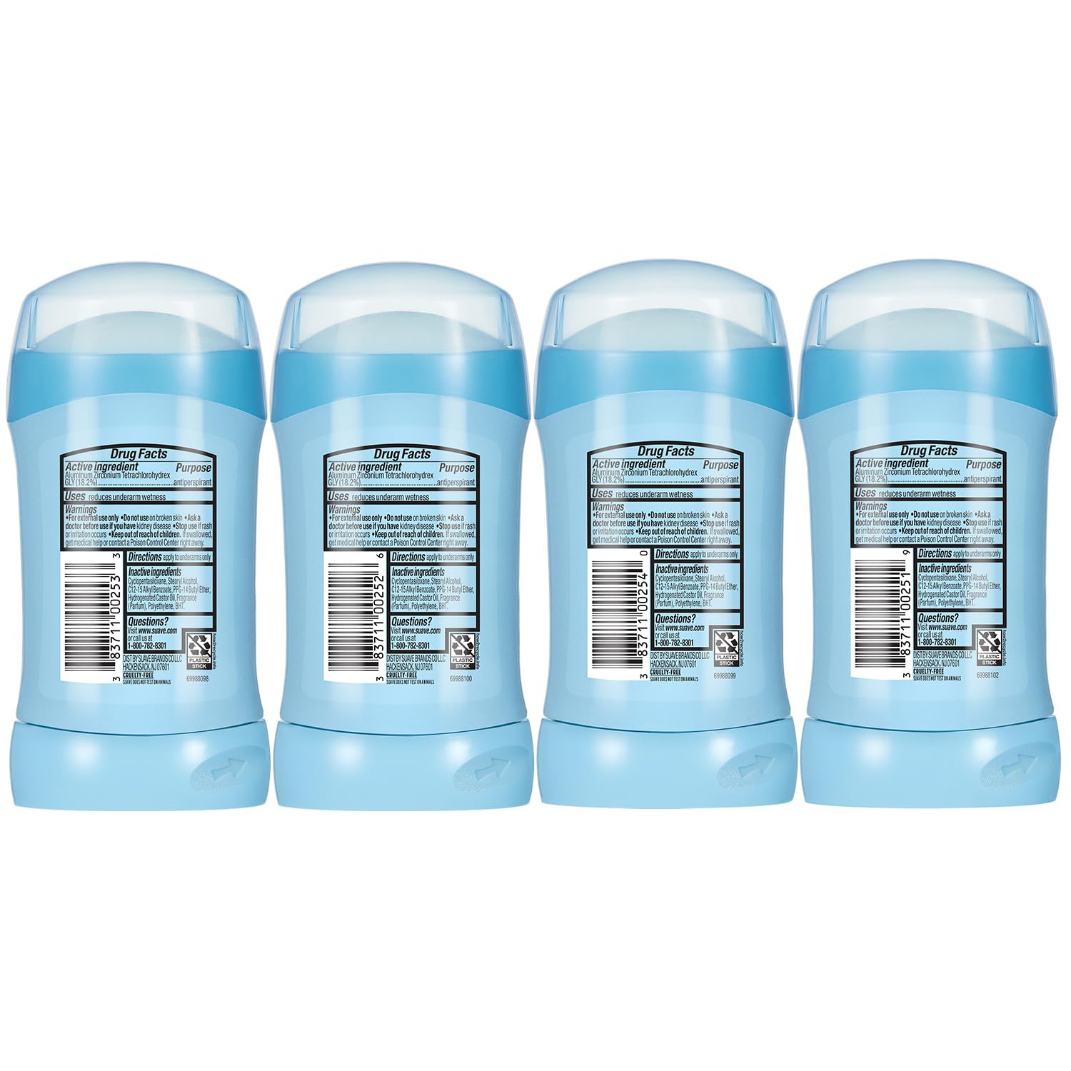 Suave four-pack variety for varied daily scents.