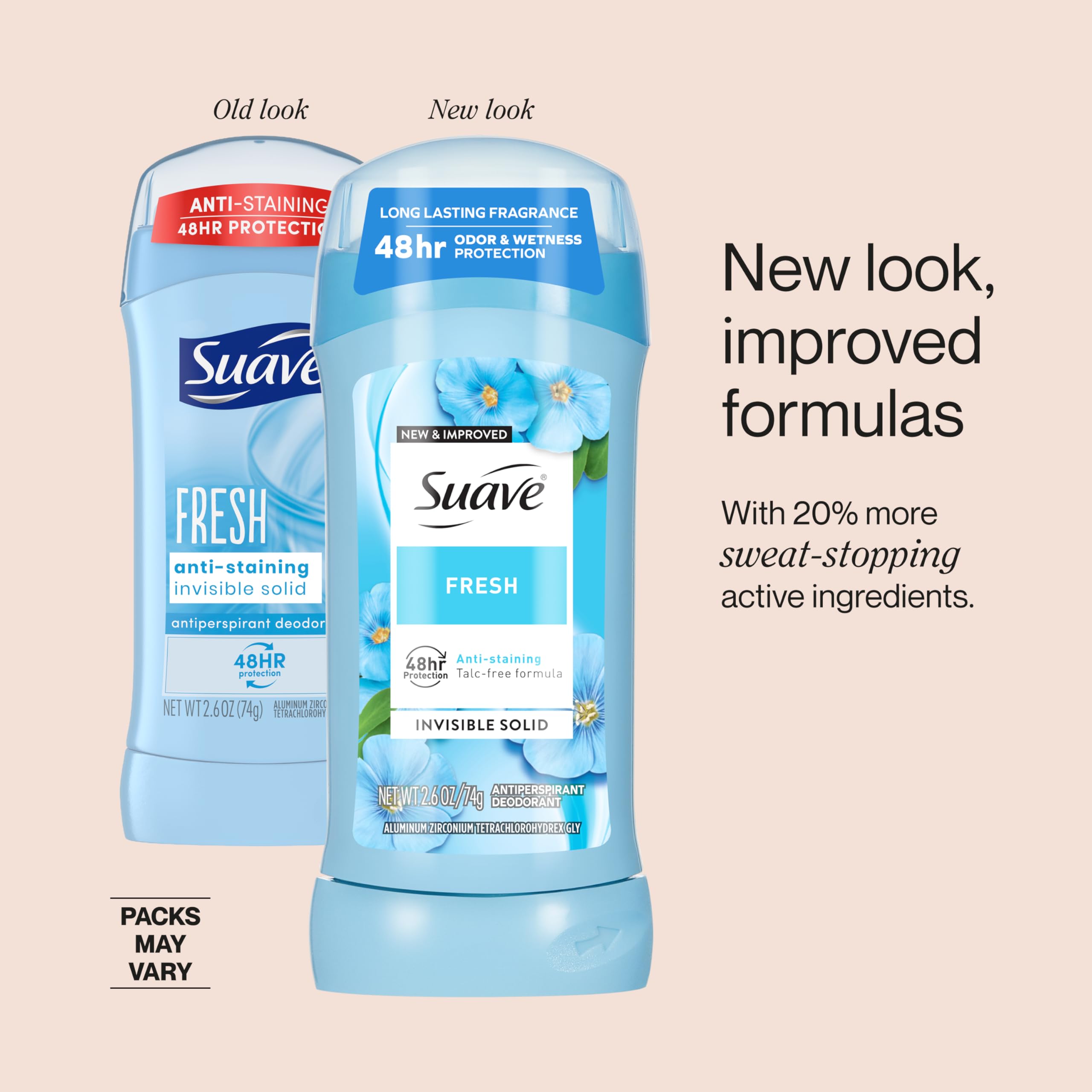 Fragrance notes of violet, lilac, and cinnamon in Suave Fresh.