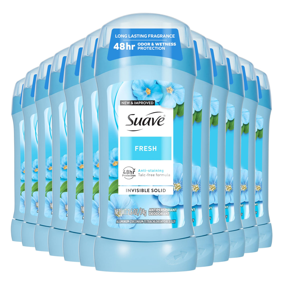 Suave Fresh invisible underarm-deodorant-stick in bulk pack provides reliable daily freshness.
