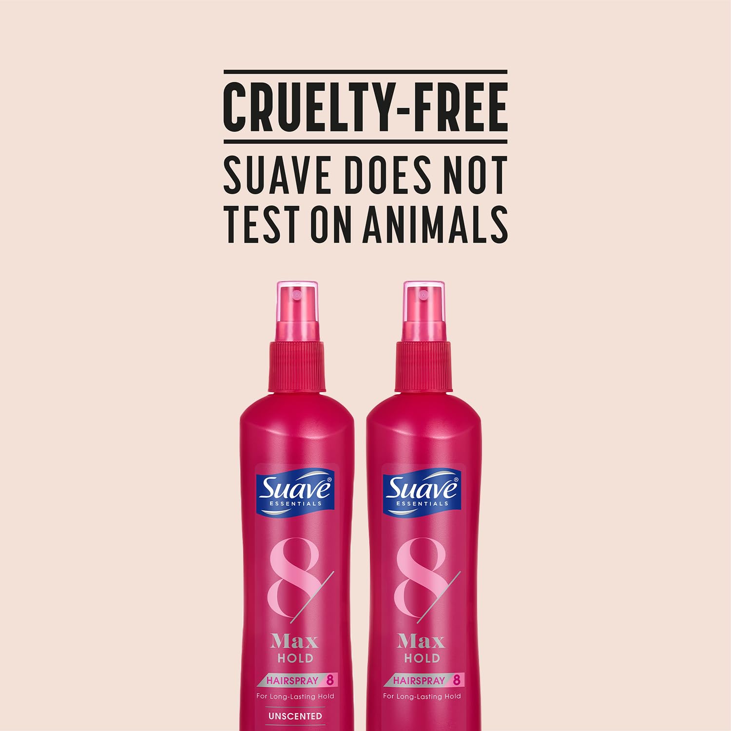 Hair before and after showing frizz control with Suave spray.