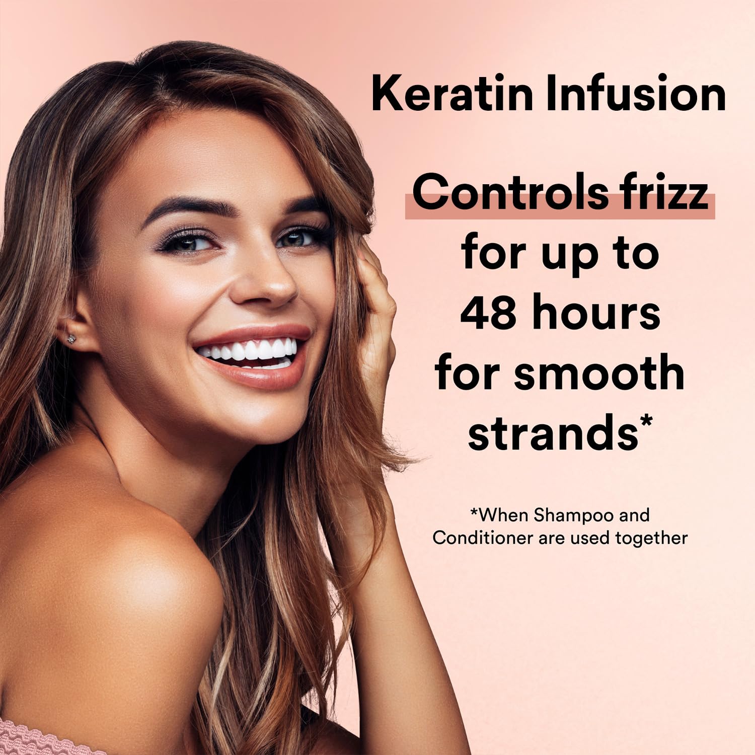 Suave Frizz-Control shampoo shown with smoothing lather for manageable hair.