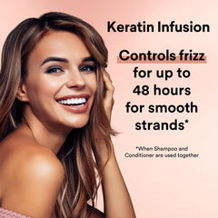 Suave Frizz-Control shampoo shown with smoothing lather for manageable hair.