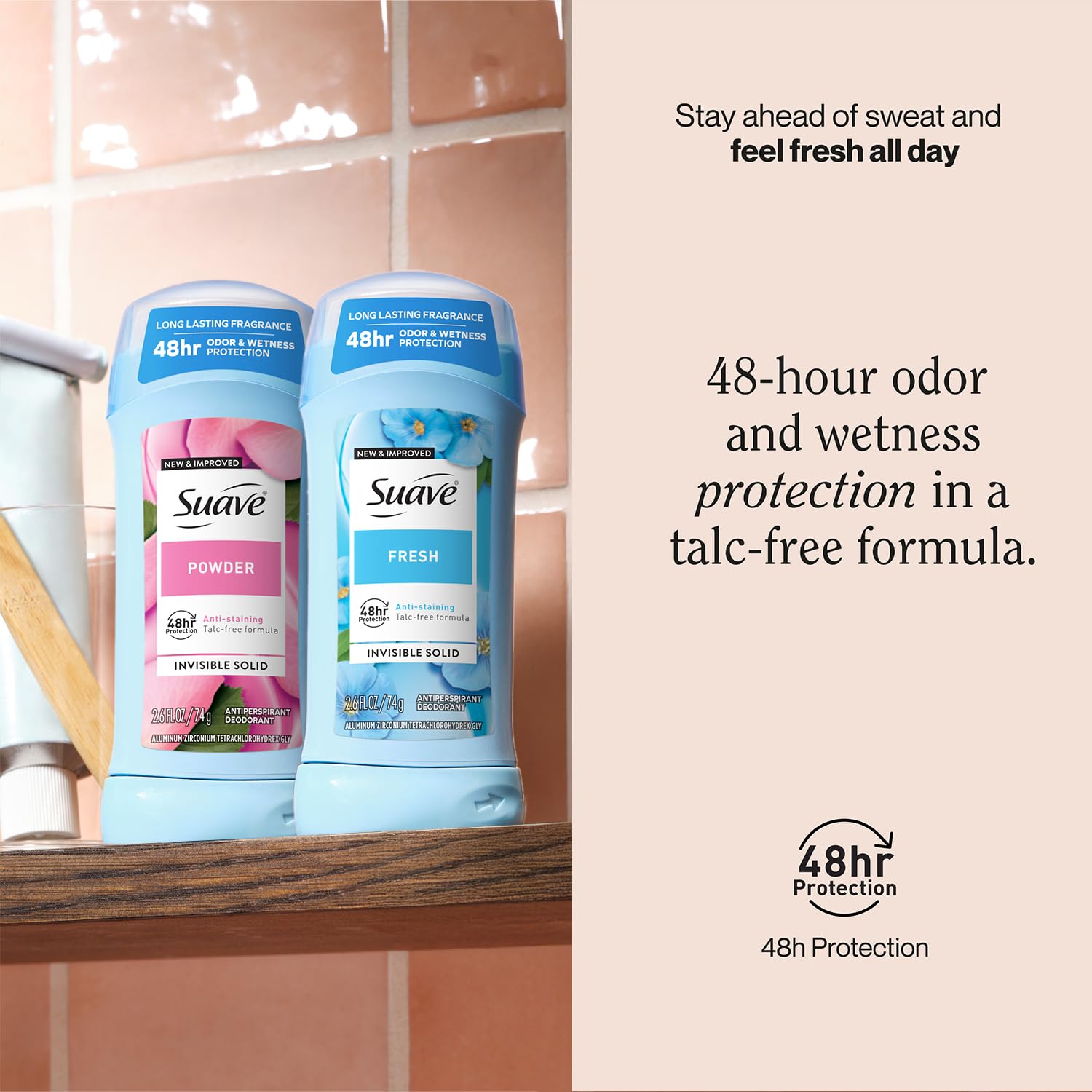 Suave invisible stain-free formula keeps fabrics looking new.