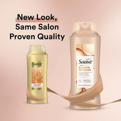 Applying Suave Keratin Infusion Conditioner to damp hair for detangling.