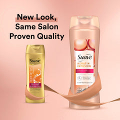 Suave Keratin Infusion Conditioner bottle; detangles and smooths for manageable hair.