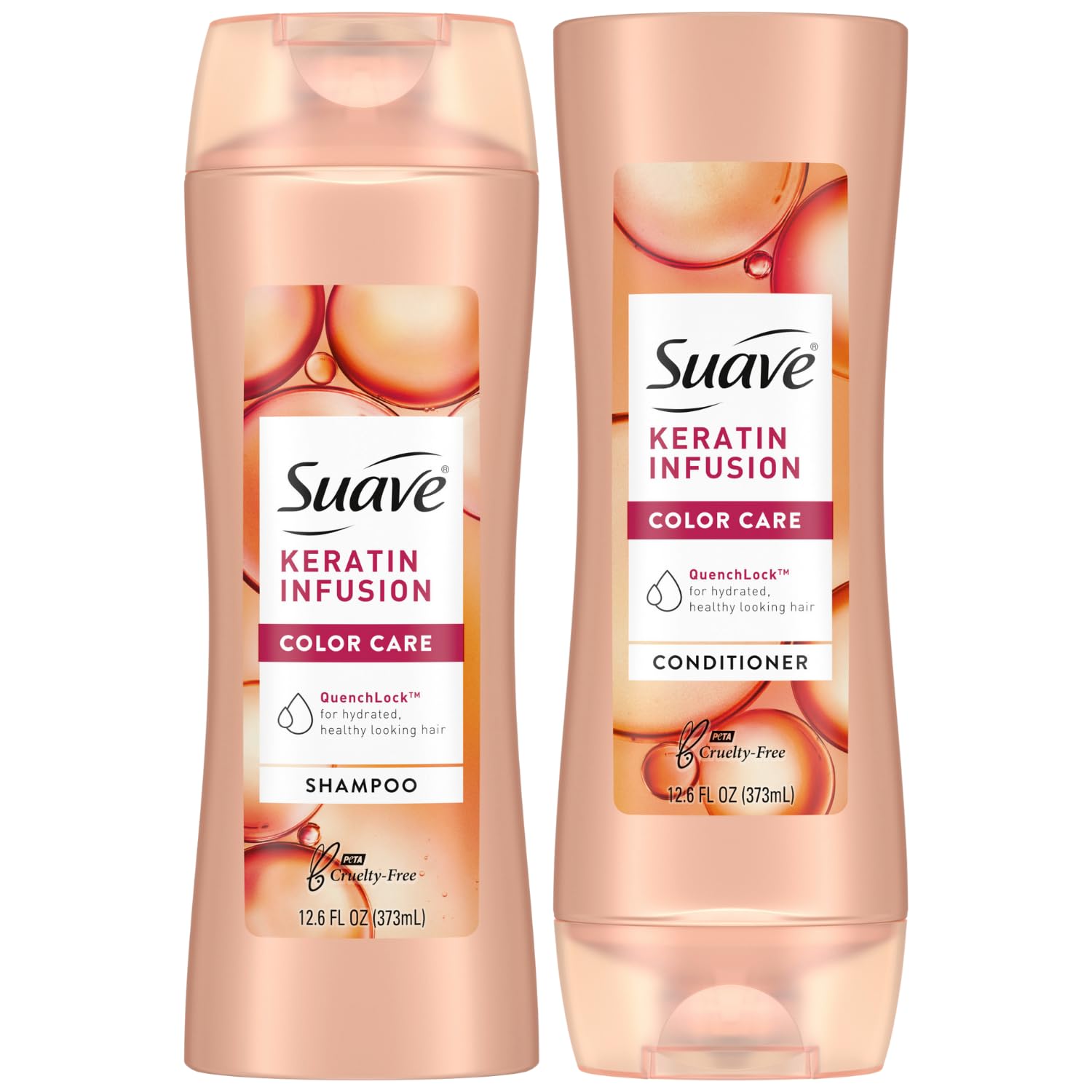 Suave Keratin Infusion Shampoo bottle; color-safe formula helps maintain vibrant color.