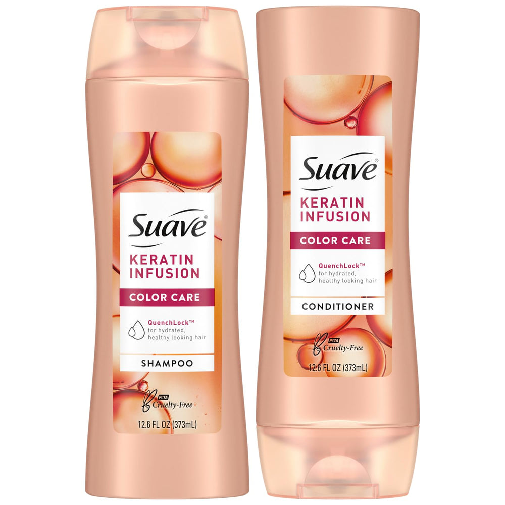 Suave Keratin Infusion Shampoo bottle; color-safe formula helps maintain vibrant color.