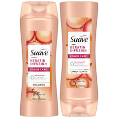 Suave Keratin Infusion Shampoo bottle; color-safe formula helps maintain vibrant color.
