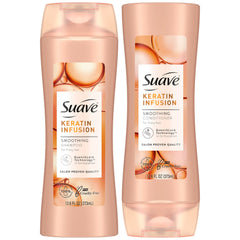 Suave Keratin Infusion shampoo bottle delivers smooth, hydrated hair.