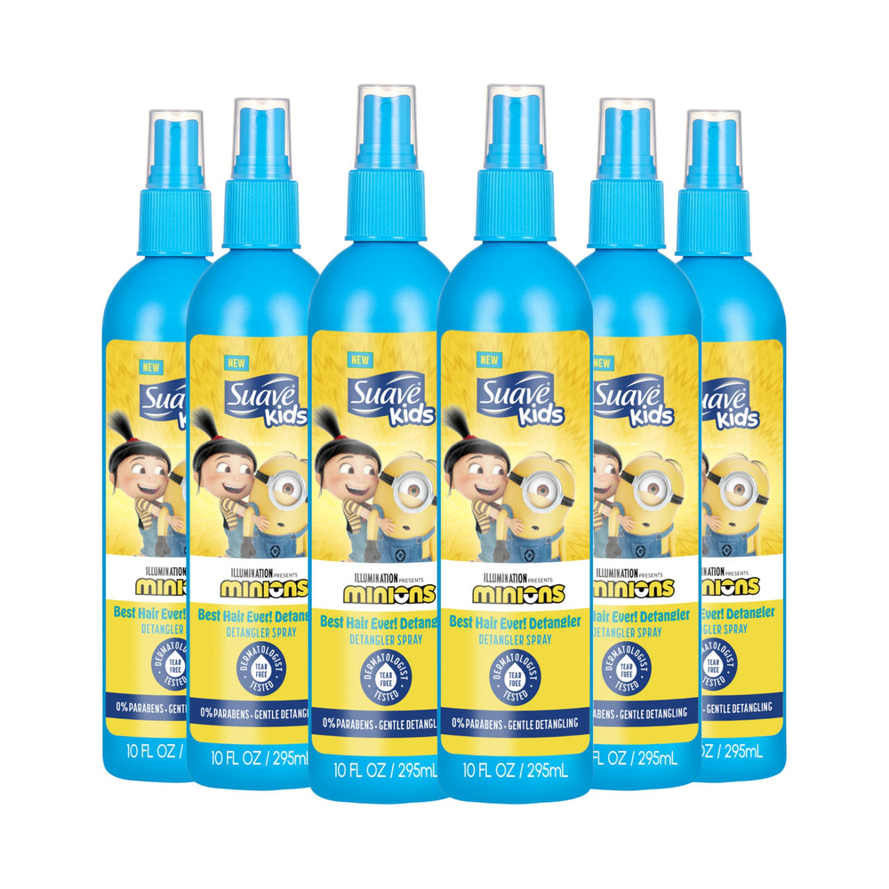 Suave Kids Detangler Spray Minions bottle — detangles knots quickly for busy mornings.