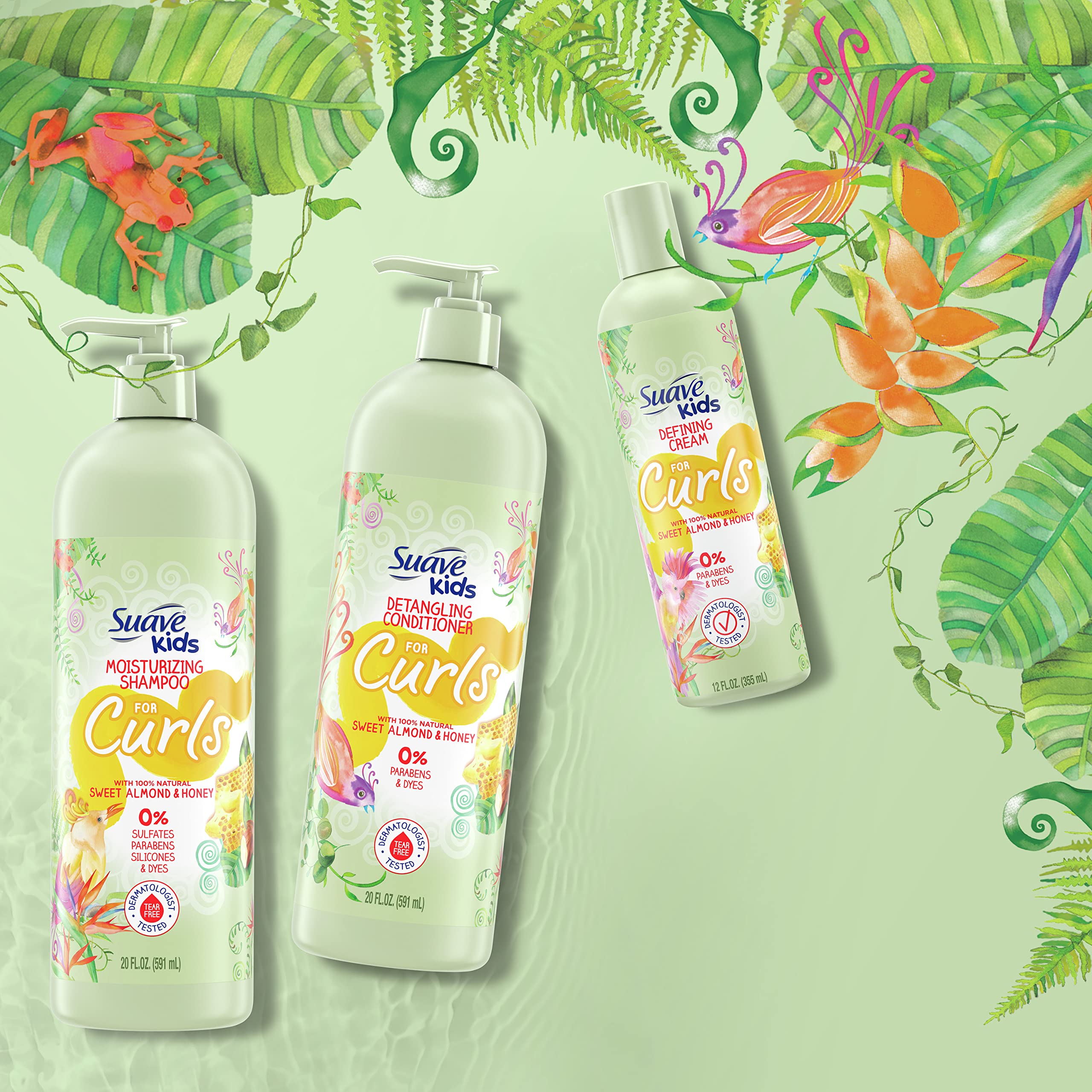 Collection display featuring tear-free shampoo, conditioner, and detangler