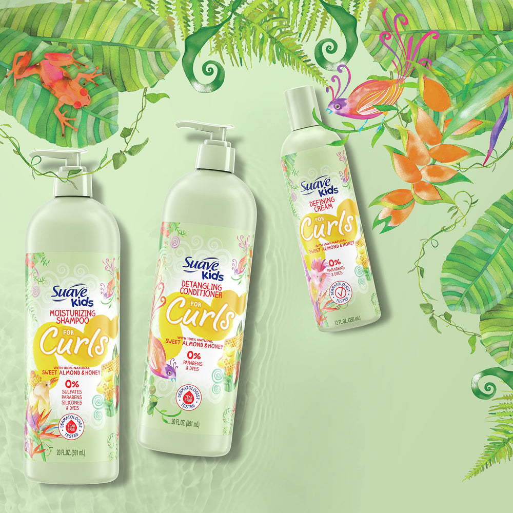 Collection display featuring tear-free shampoo, conditioner, and detangler