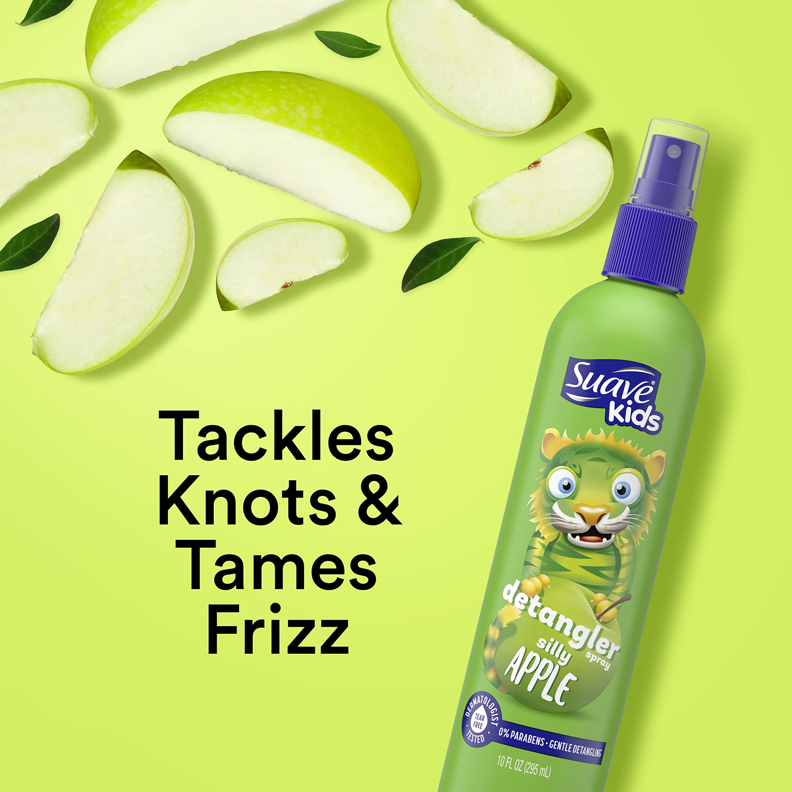 Suave Kids Silly Apple detangler spray bottle to ease knot removal.