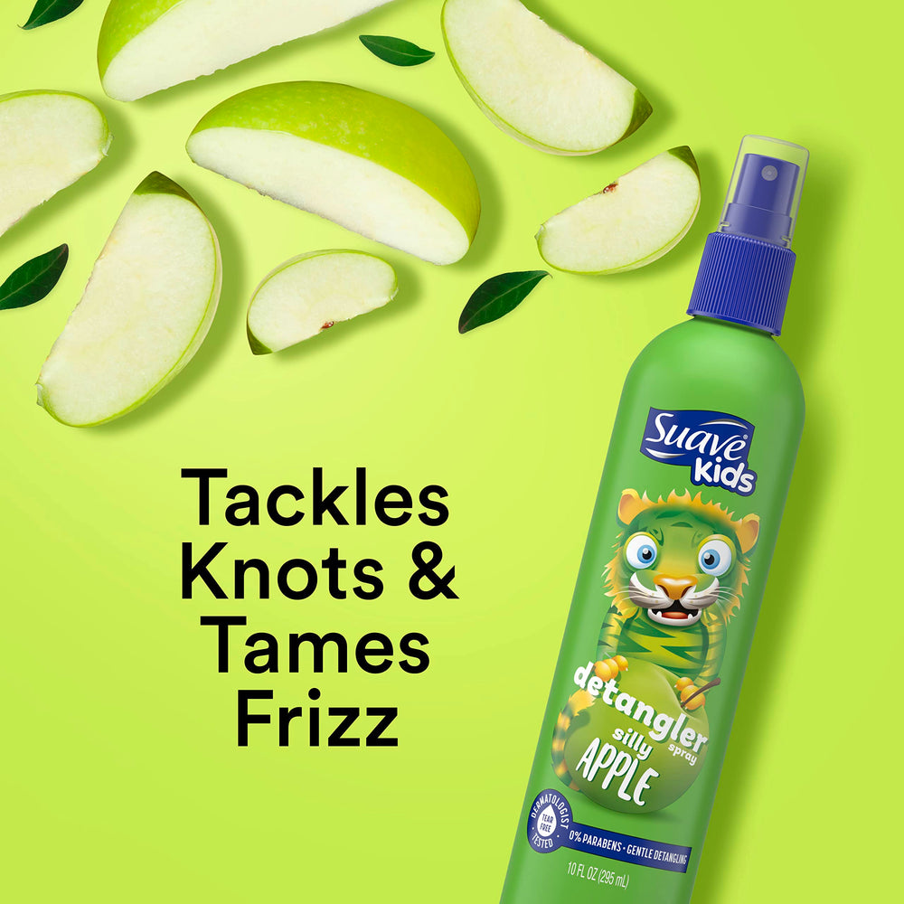 Suave Kids Silly Apple detangler spray bottle to ease knot removal.