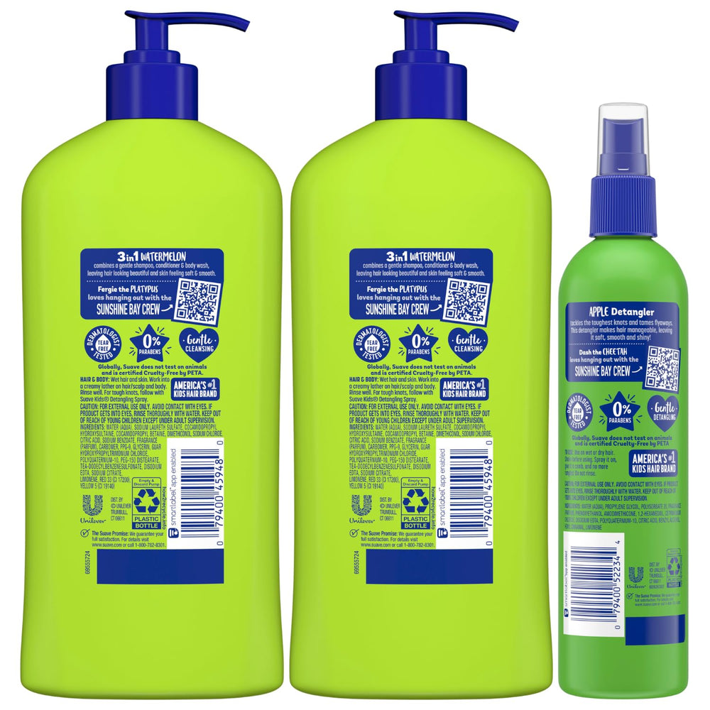 Suave Kids Watermelon Wonder conditioner bottle for smooth detangling after wash.