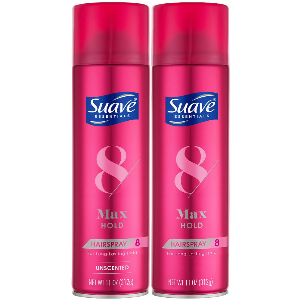 Suave Max Hold 2-pack unscented bottle delivering long-lasting hold.