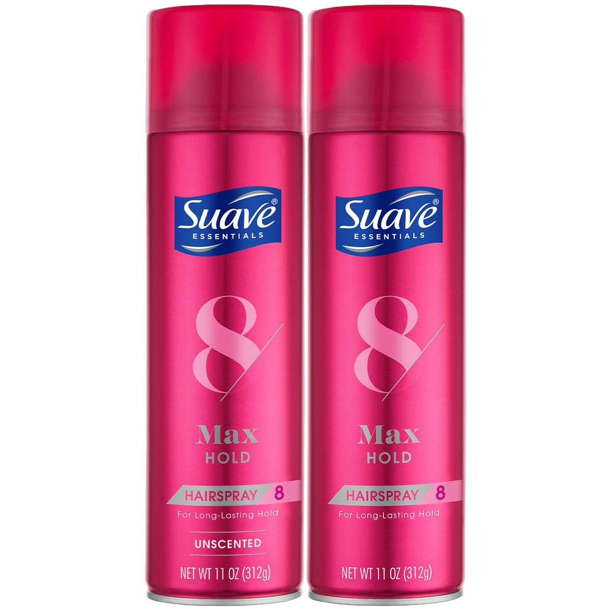 Suave Max Hold 2-pack unscented bottle delivering long-lasting hold.