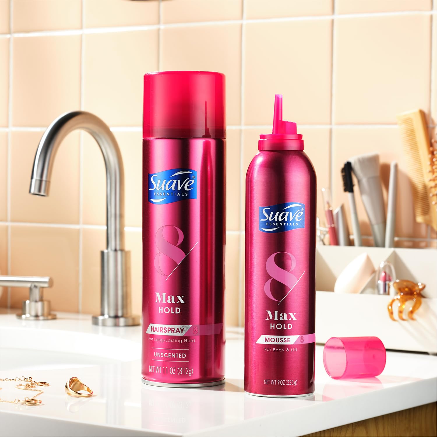 Hands styling with Suave Max Hold to show strong hold potential.