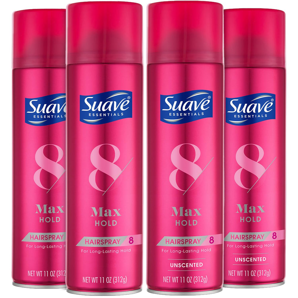 Suave Max Hold scented hairspray bottle for flexible control and fragrance.