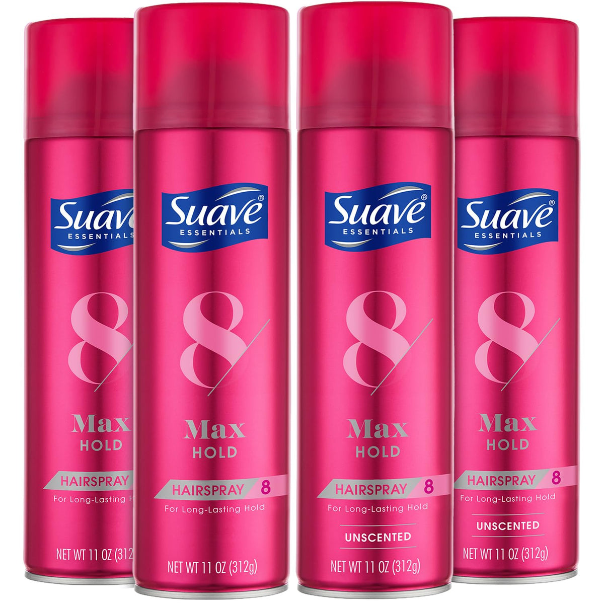 Suave Max Hold scented hairspray bottle for flexible control and fragrance.