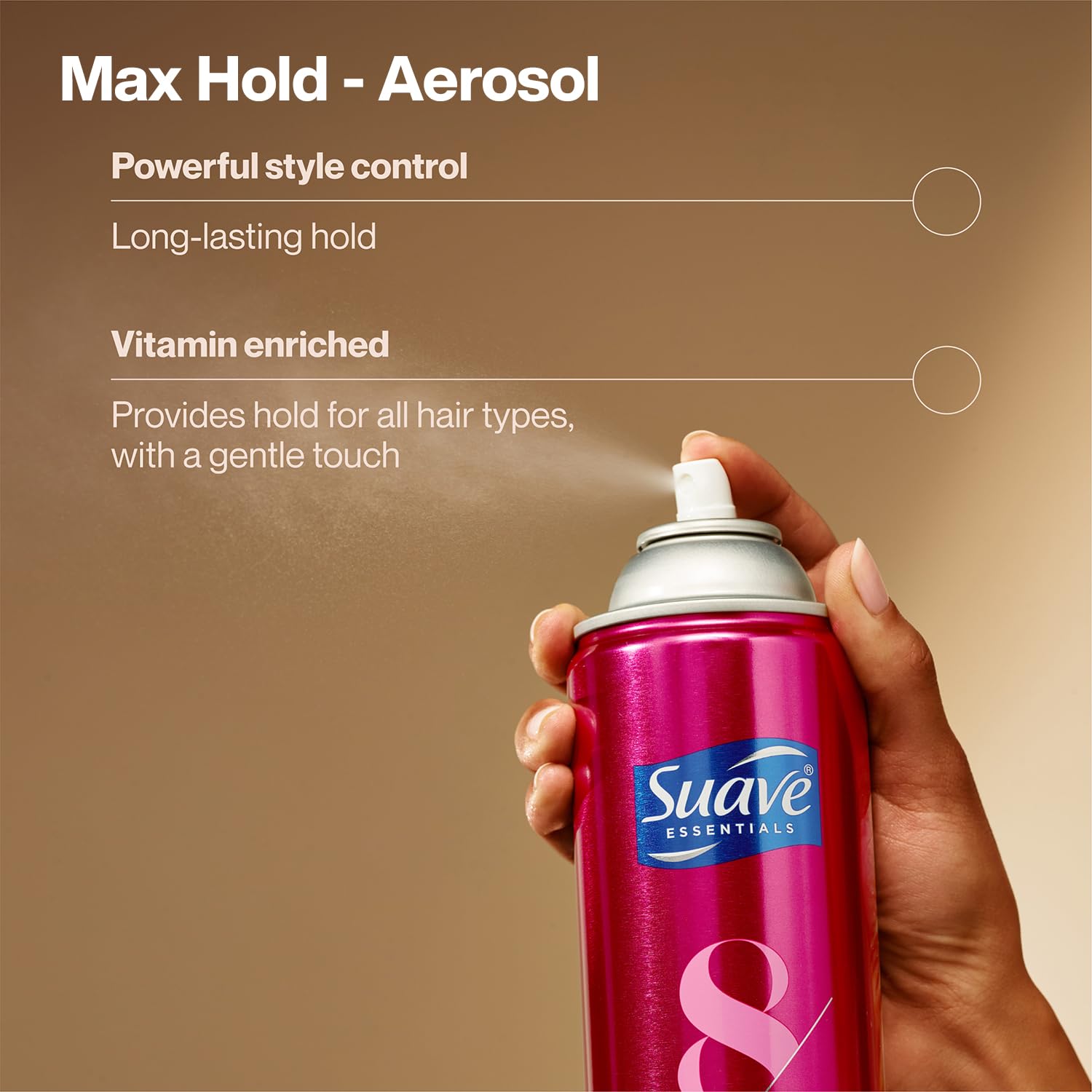 Scented Suave Max Hold bottle close-up highlighting aroma and hold.