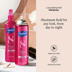 Suave Max Hold Scented hairspray 11oz bottle close-up with subtle fragrance.