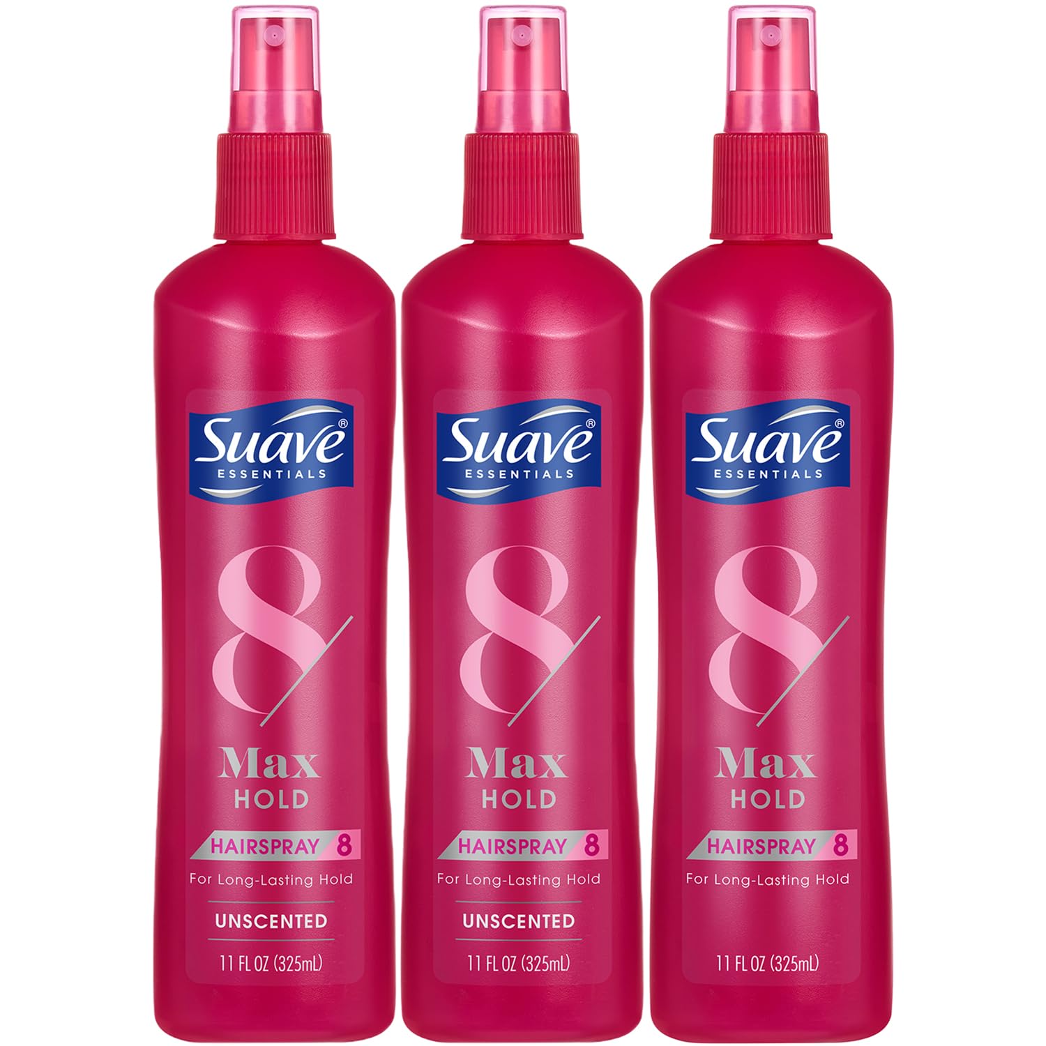 Suave Max Hold Unscented 11oz bottle with long-lasting hold and no fragrance.