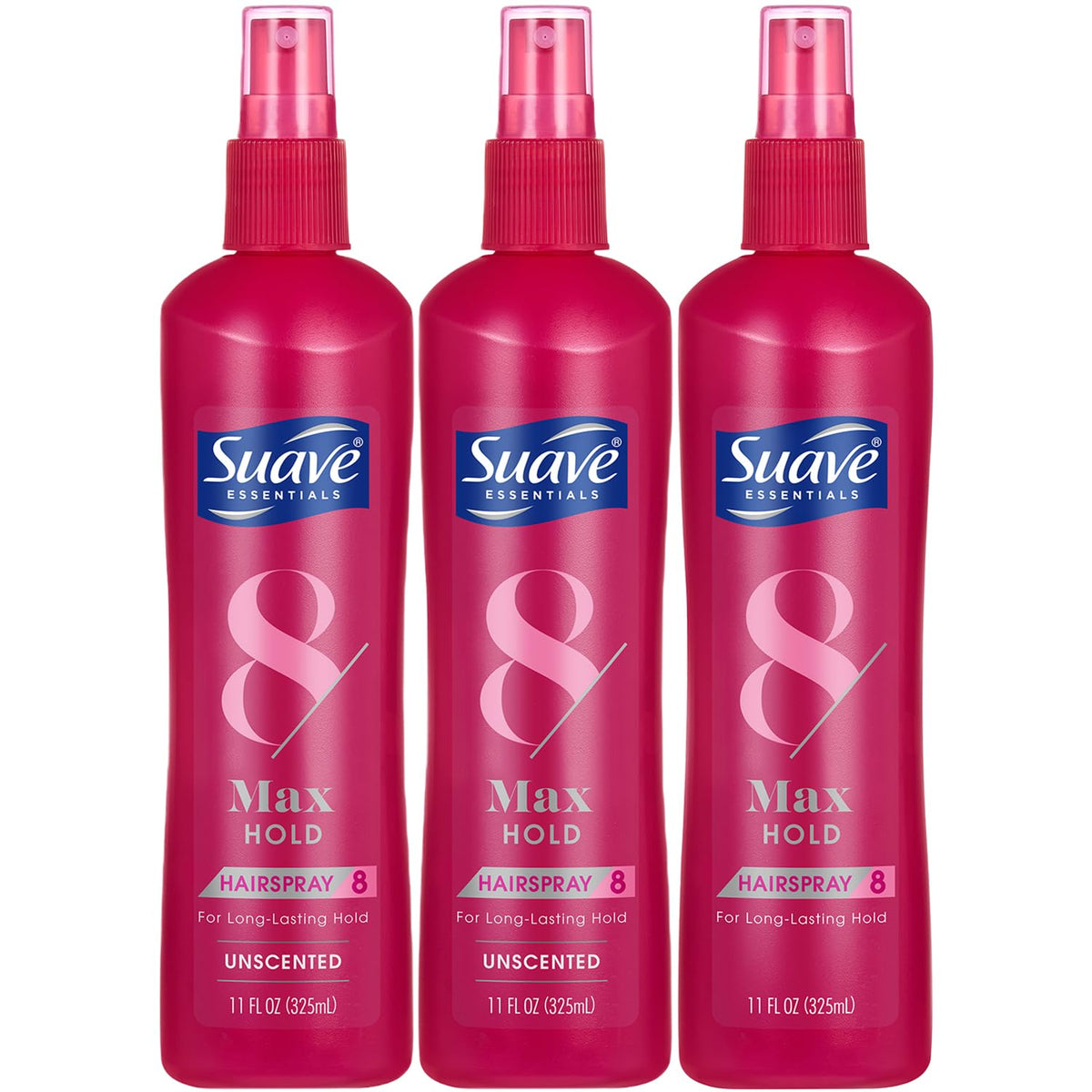 Suave Max Hold Unscented 11oz bottle with long-lasting hold and no fragrance.