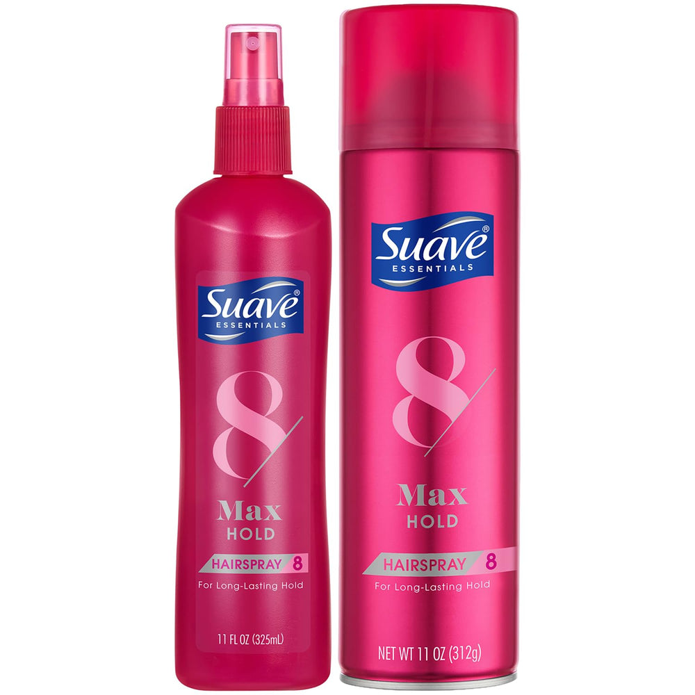 Suave Max Hold Unscented hairspray 11oz bottle close-up for all-day control.