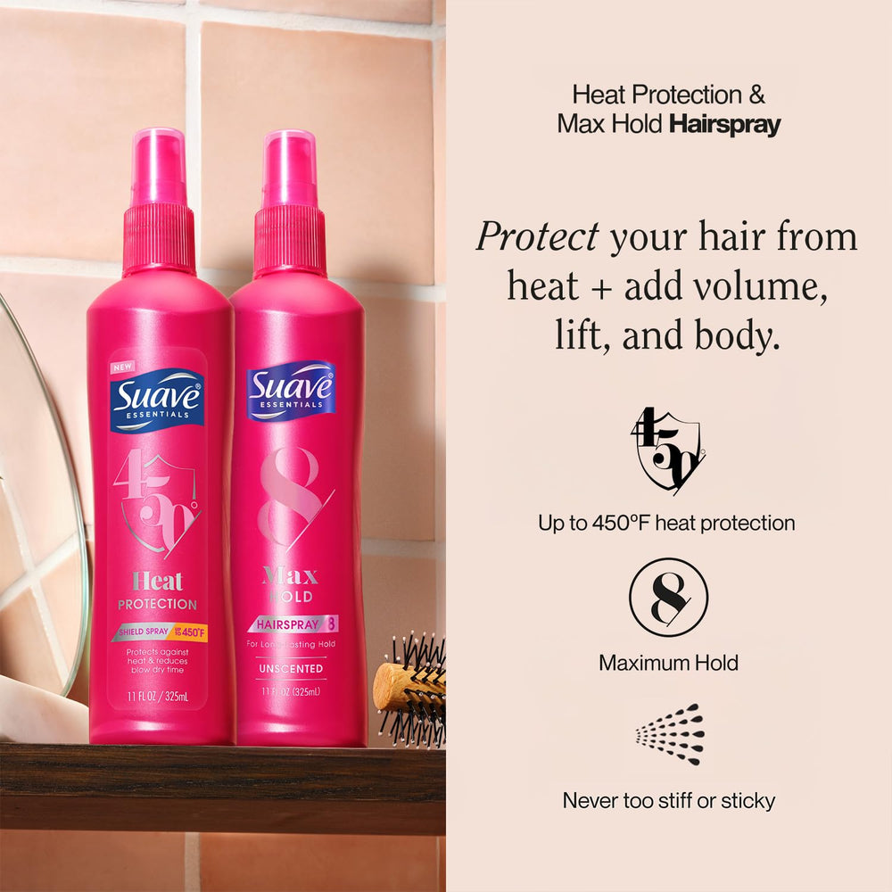 Suave Max Hold Unscented Hairspray bottle ready to set hairstyle.