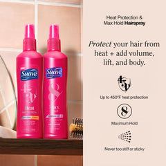 Suave Max Hold Unscented Hairspray bottle ready to set hairstyle.