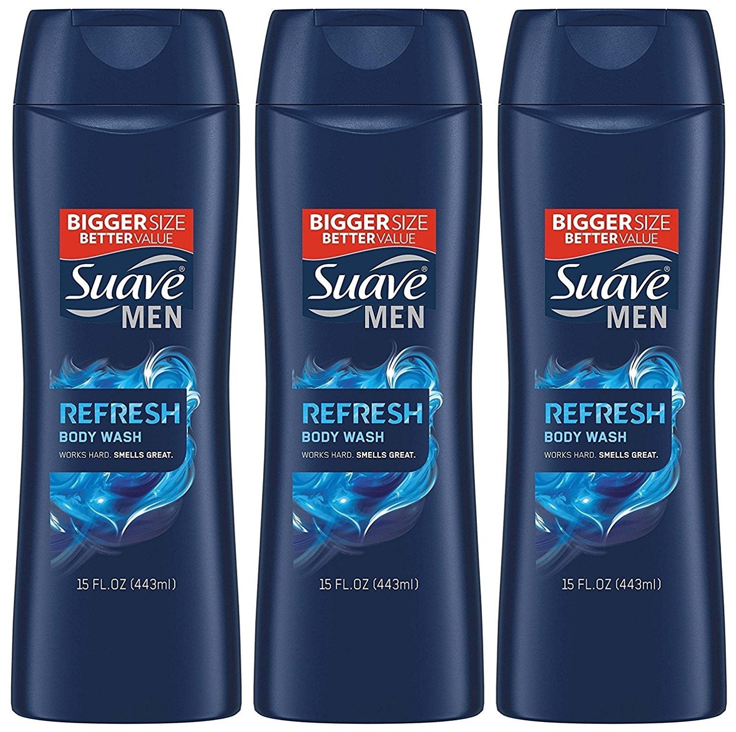 Suave Men Body Wash Refresh bottle provides a crisp scent and smooth lather for daily showers.
