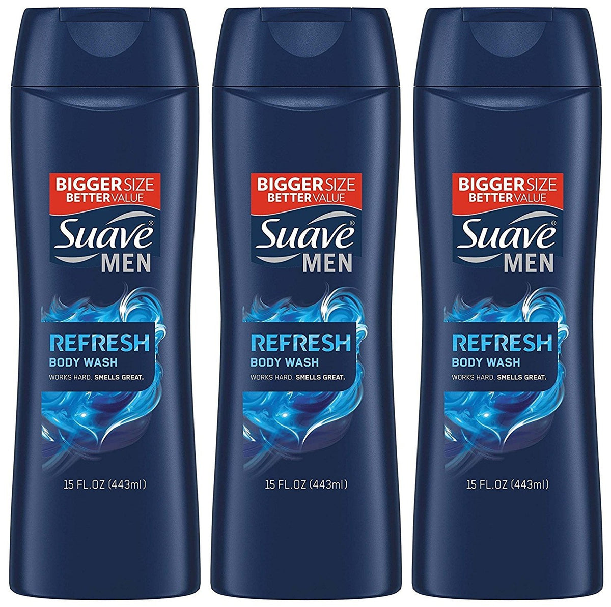 Suave Men Body Wash Refresh bottle provides a crisp scent and smooth lather for daily showers.