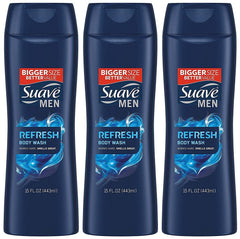 Suave Men Body Wash Refresh bottle provides a crisp scent and smooth lather for daily showers.
