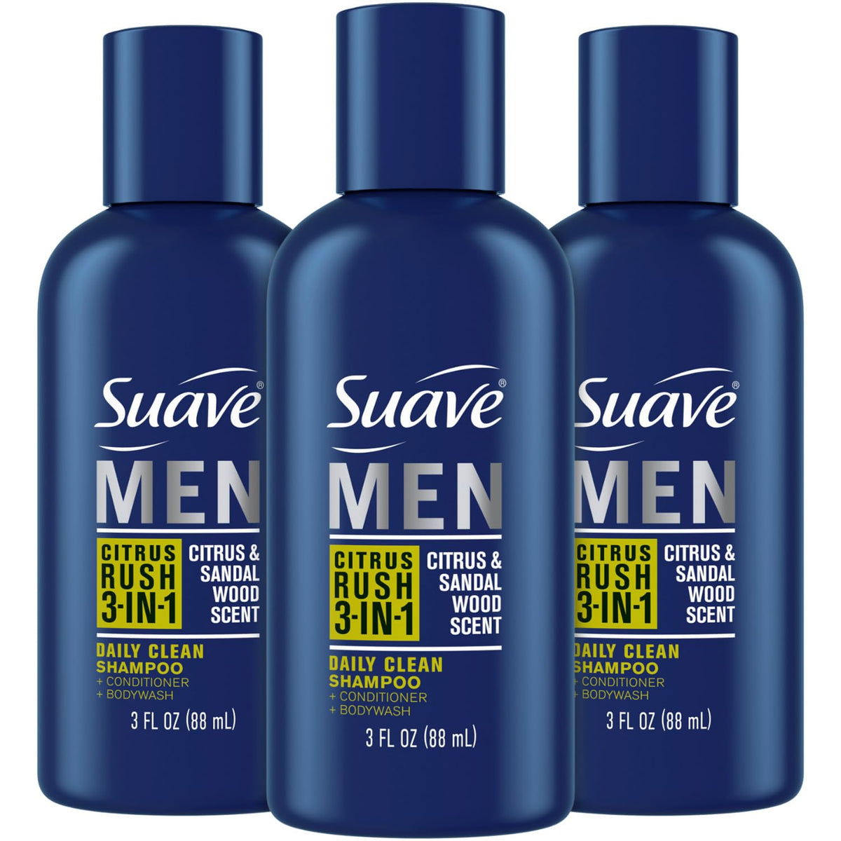 Suave Men Citrus Rush 3-in-1 bottle ready for on-the-go cleansing and conditioning.