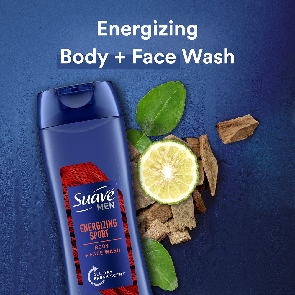 Suave Men Sport after-use skin-soft feel shown on model.