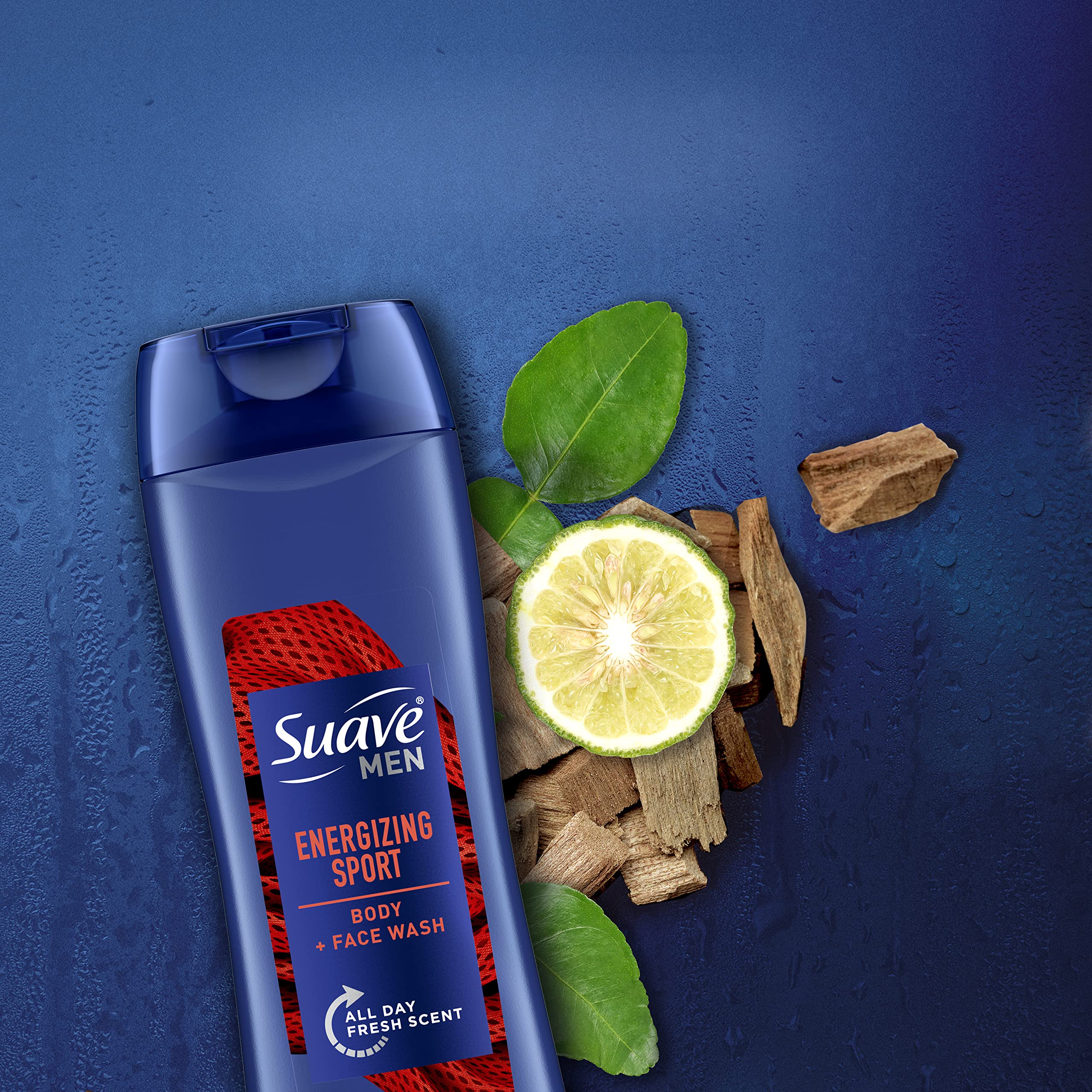 Suave Men Sport label detail reveals crisp masculine fragrance cues.