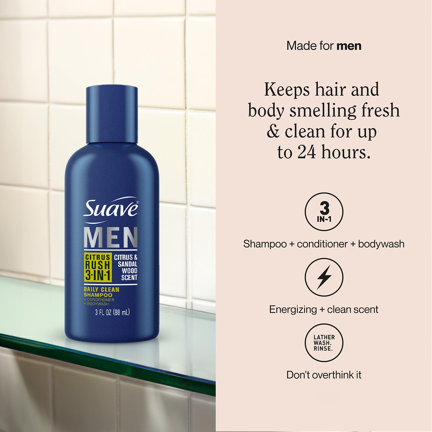 Six-pack of Suave Men’s Citrus Rush 3-in-1 for easy travel.