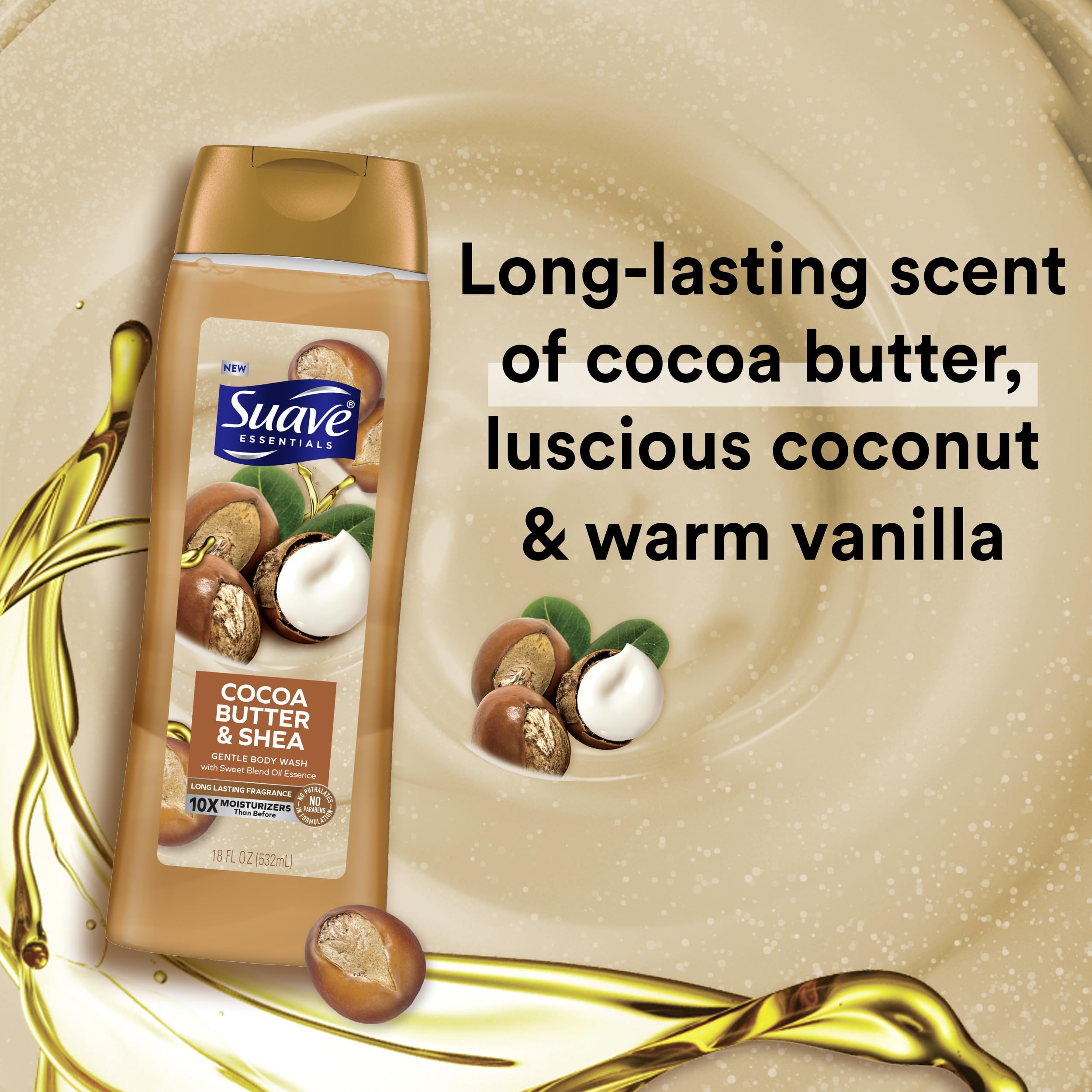 Suave Milk and Honey bottle with pouf in shower for daily moisture boost.