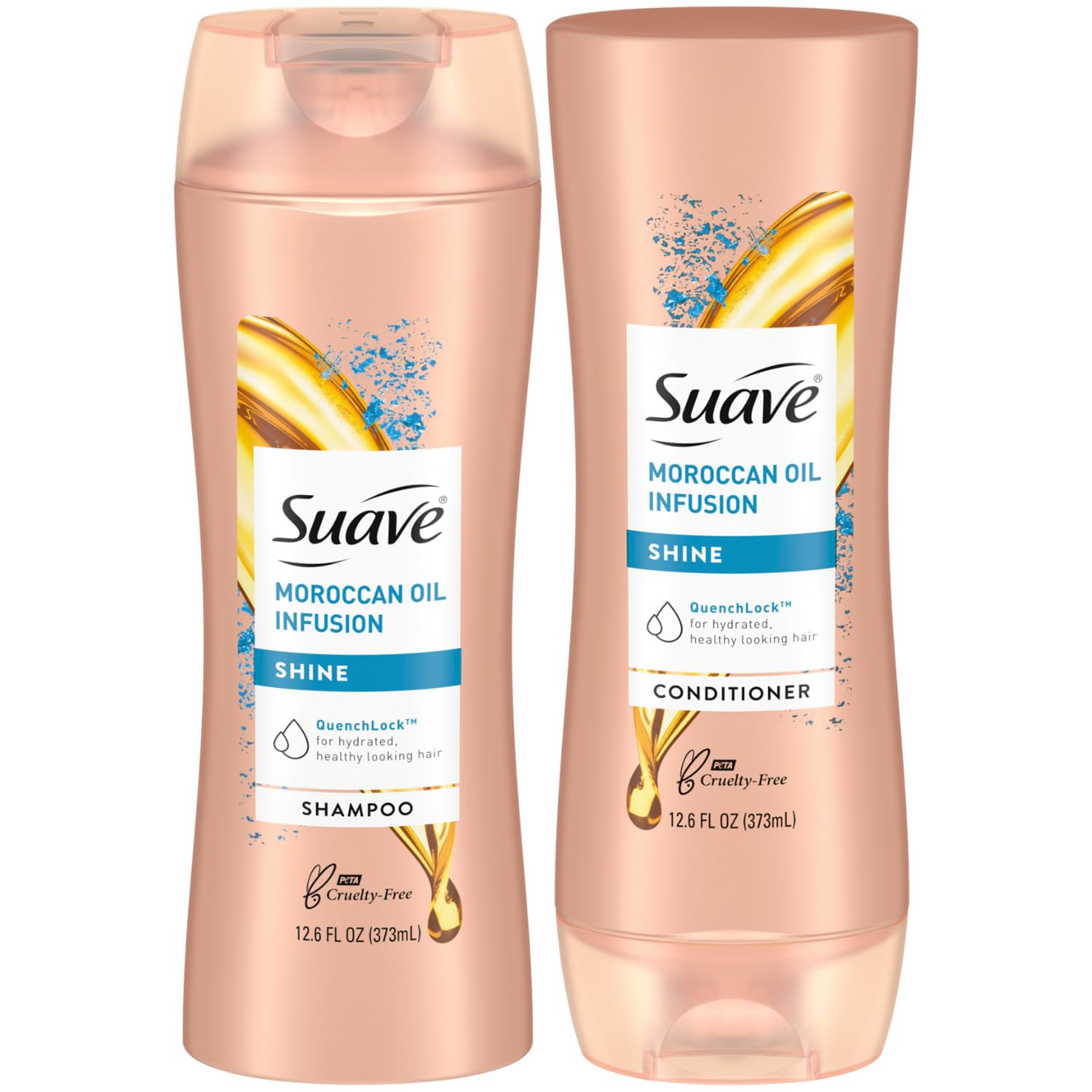 Suave Moroccan Oil Infusion shampoo bottle promotes shine and smoothness.