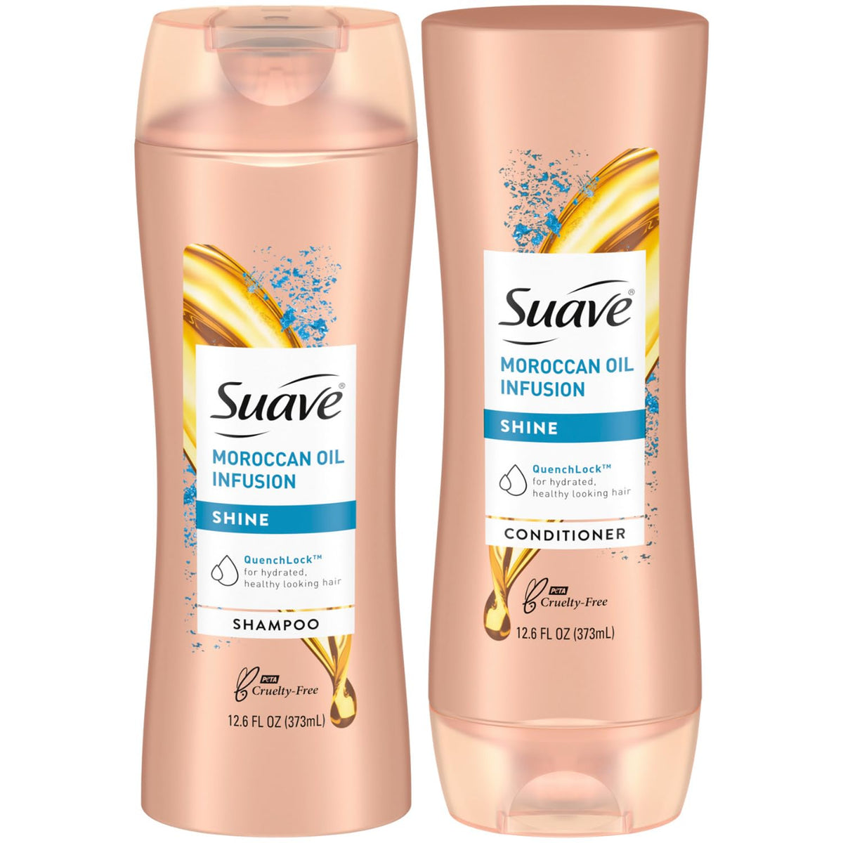 Suave Moroccan Oil Infusion shampoo bottle promotes shine and smoothness.