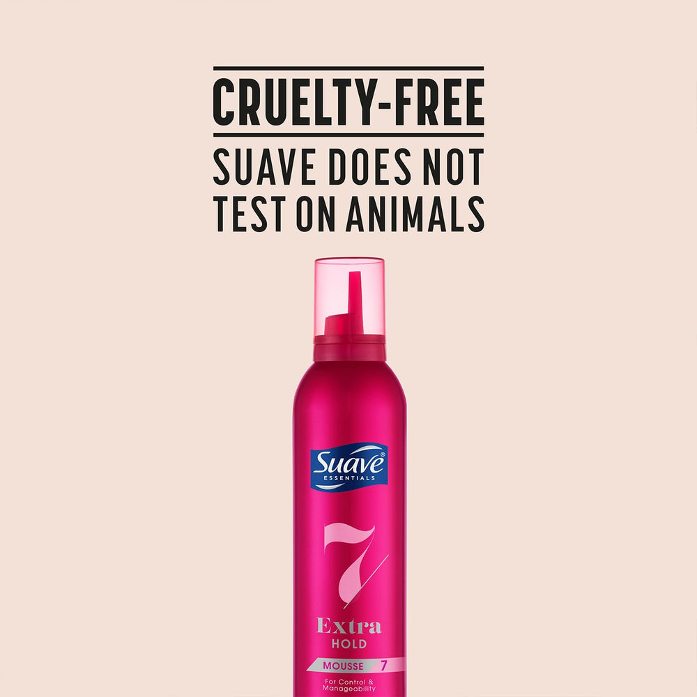 Suave mousse bottle on bathroom counter with clear packaging and accessibility.