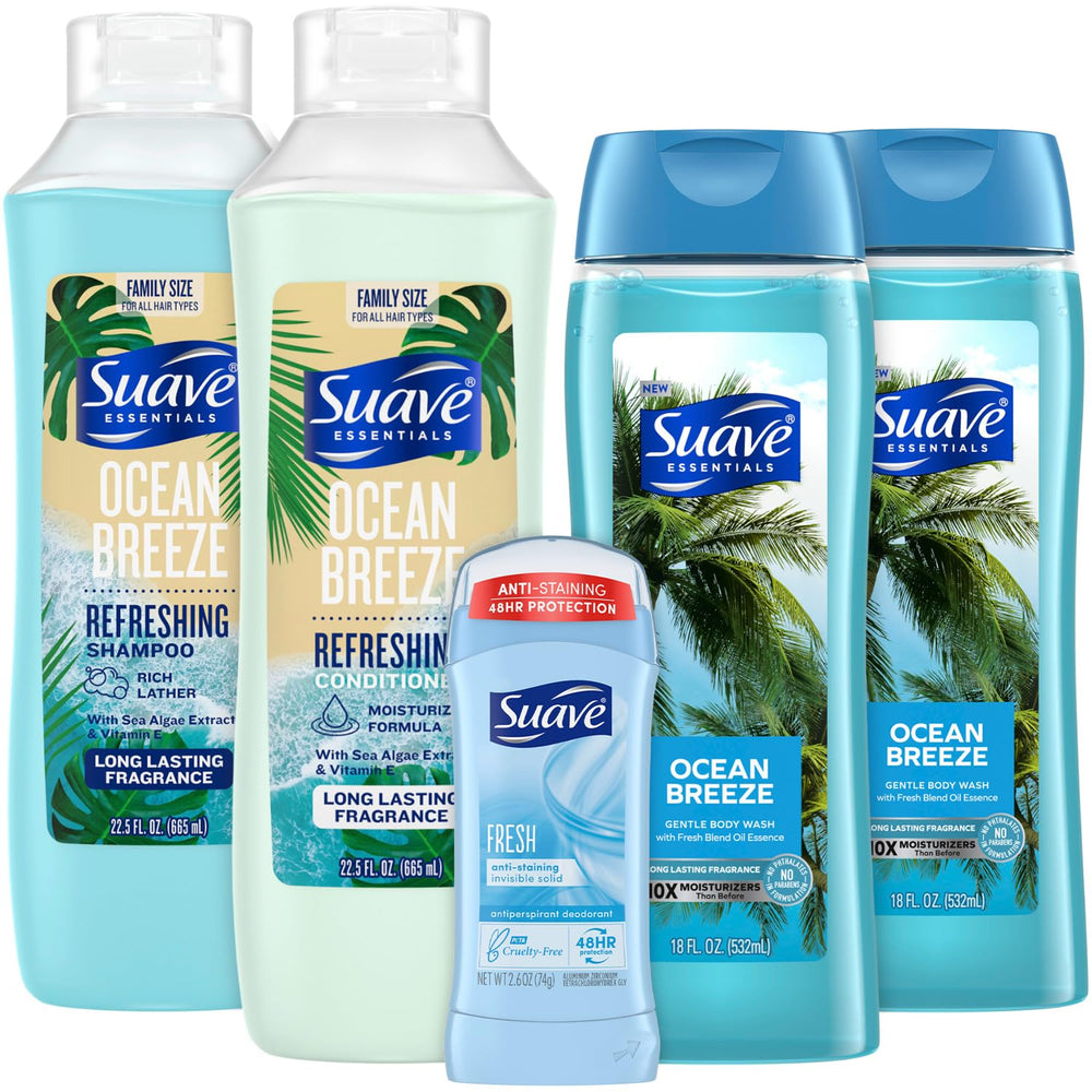 Suave Ocean Breeze body wash bottle pour for a refreshing daily cleanse.
