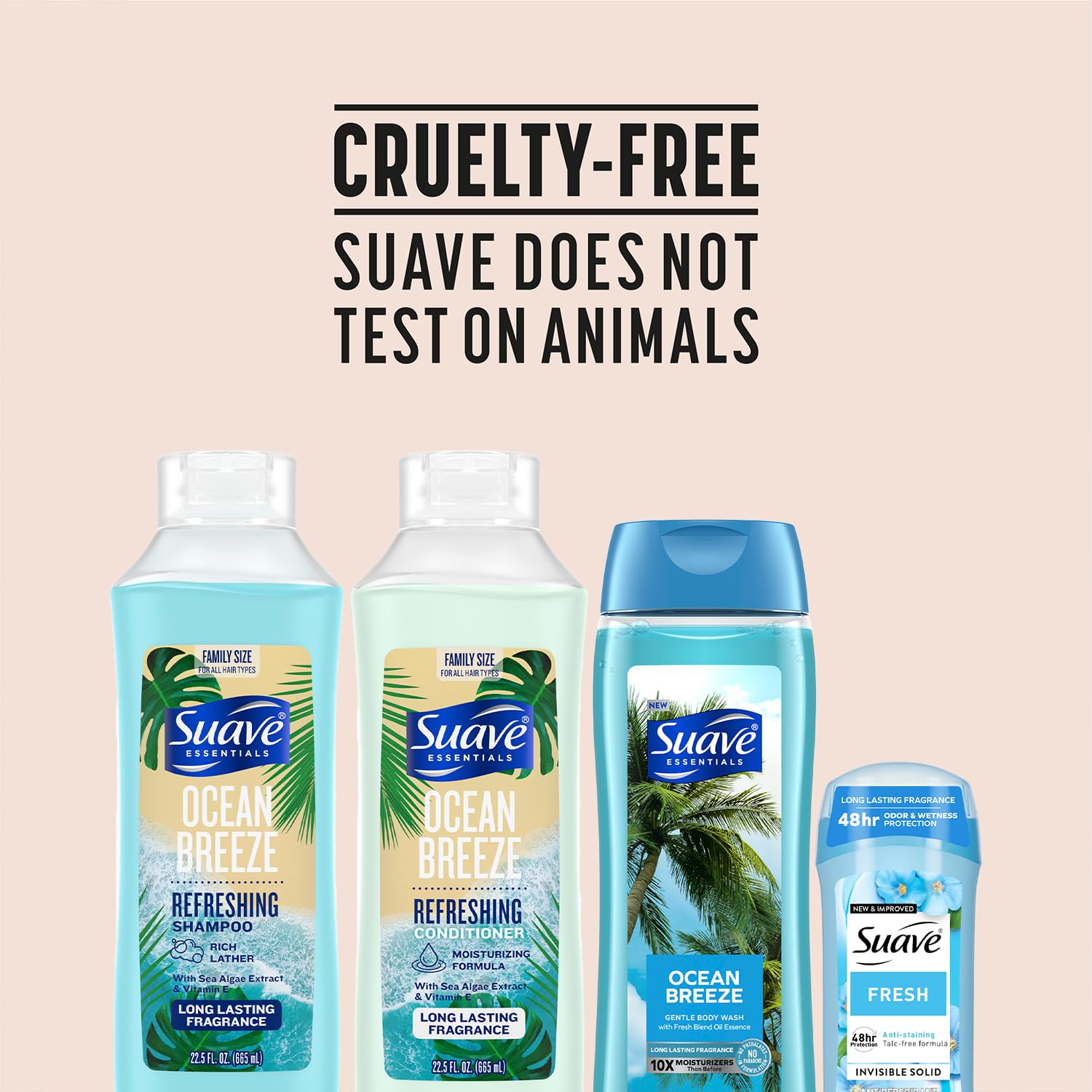 Suave Ocean Breeze cruelty-free label signals ethical, animal-friendly production.