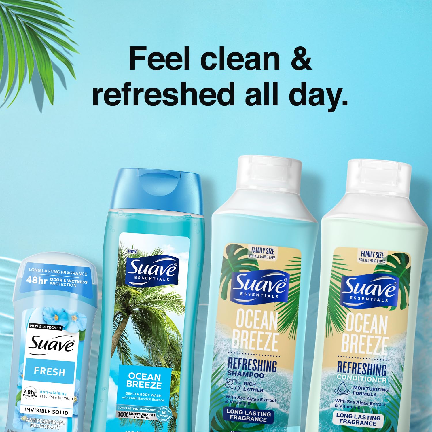 Suave Ocean Breeze hair care close-up highlights moisture for refreshed strands.